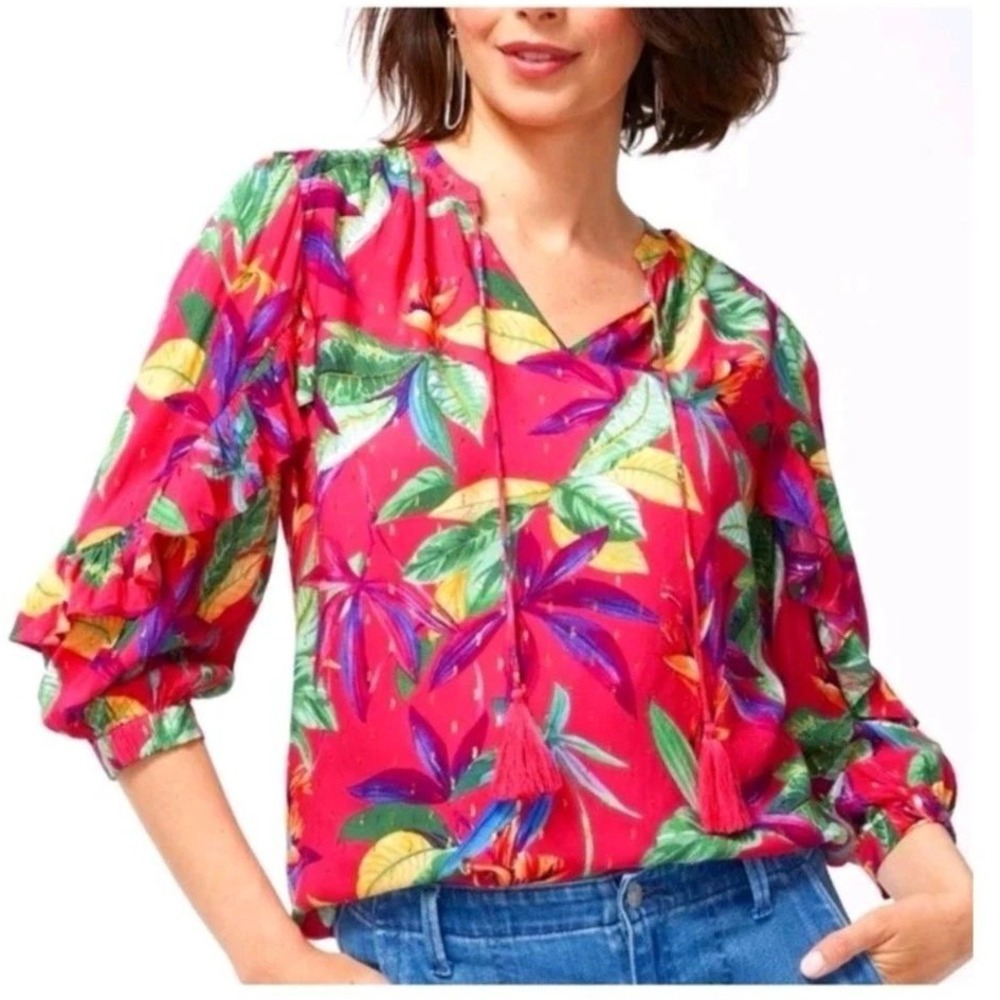 Chico's Vibrant Pink Tropical Floral Long Sleeve Ruffle Blouse Top Size 14 Bold